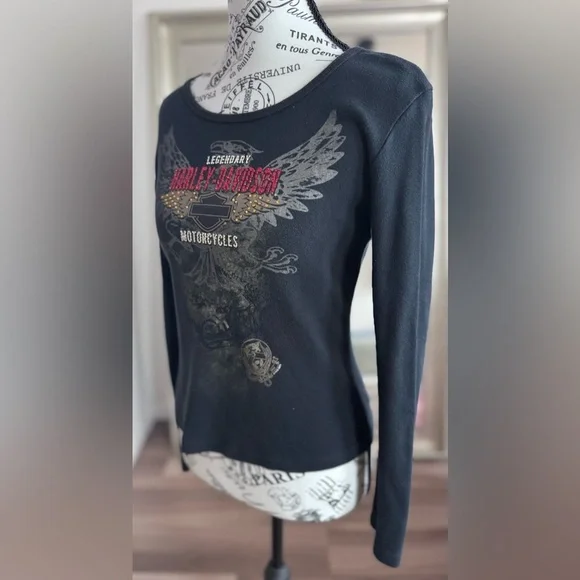 Harley Davidson Bling Rhinestone Eagle Biker Moto Top Thunder 2005 Women’s S - Picture 3 of 8